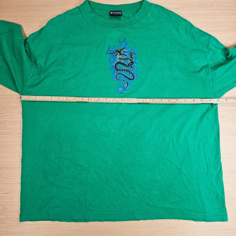 Extreme Limit Long Sleeve Shirt Mens XL Green Dragon Blue Flame Graphic Y2K